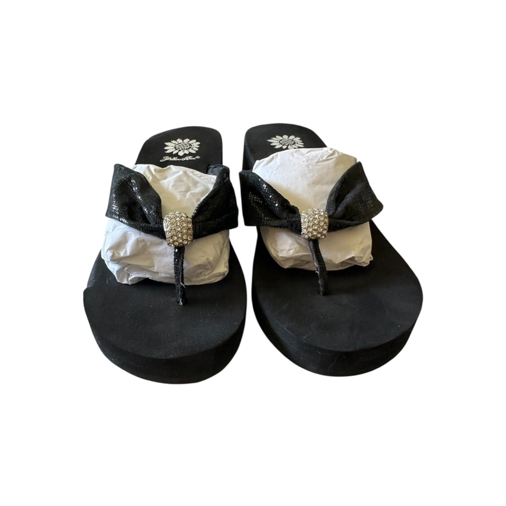 Women's Yellow Box Black Wedge Flip Flop Sandals Size 8 with Rhinestones - Picture 2 of 10